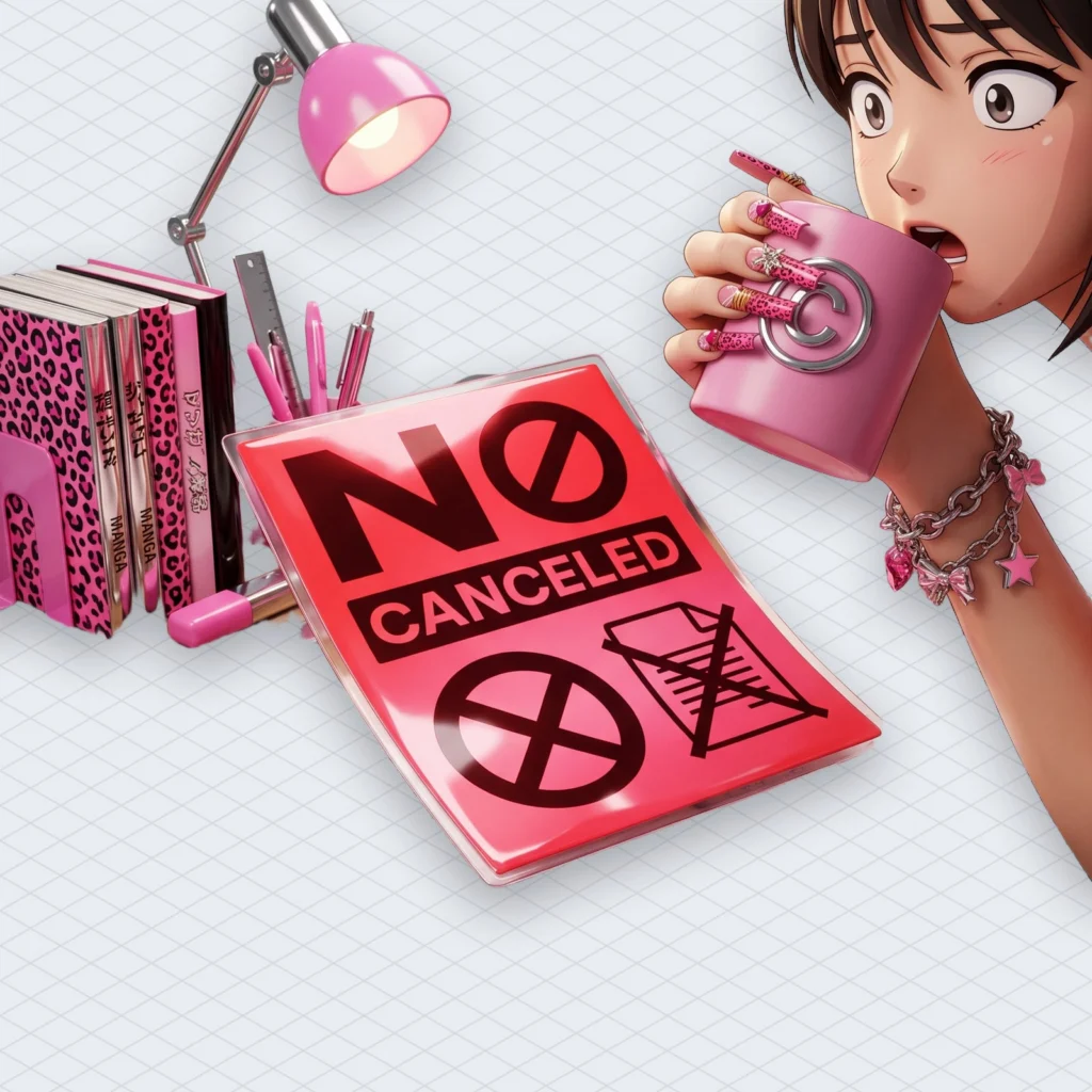 Cozy anime-style study desk where a giant red copyright takedown notice has landed on the homework, the student frozen mid-sip