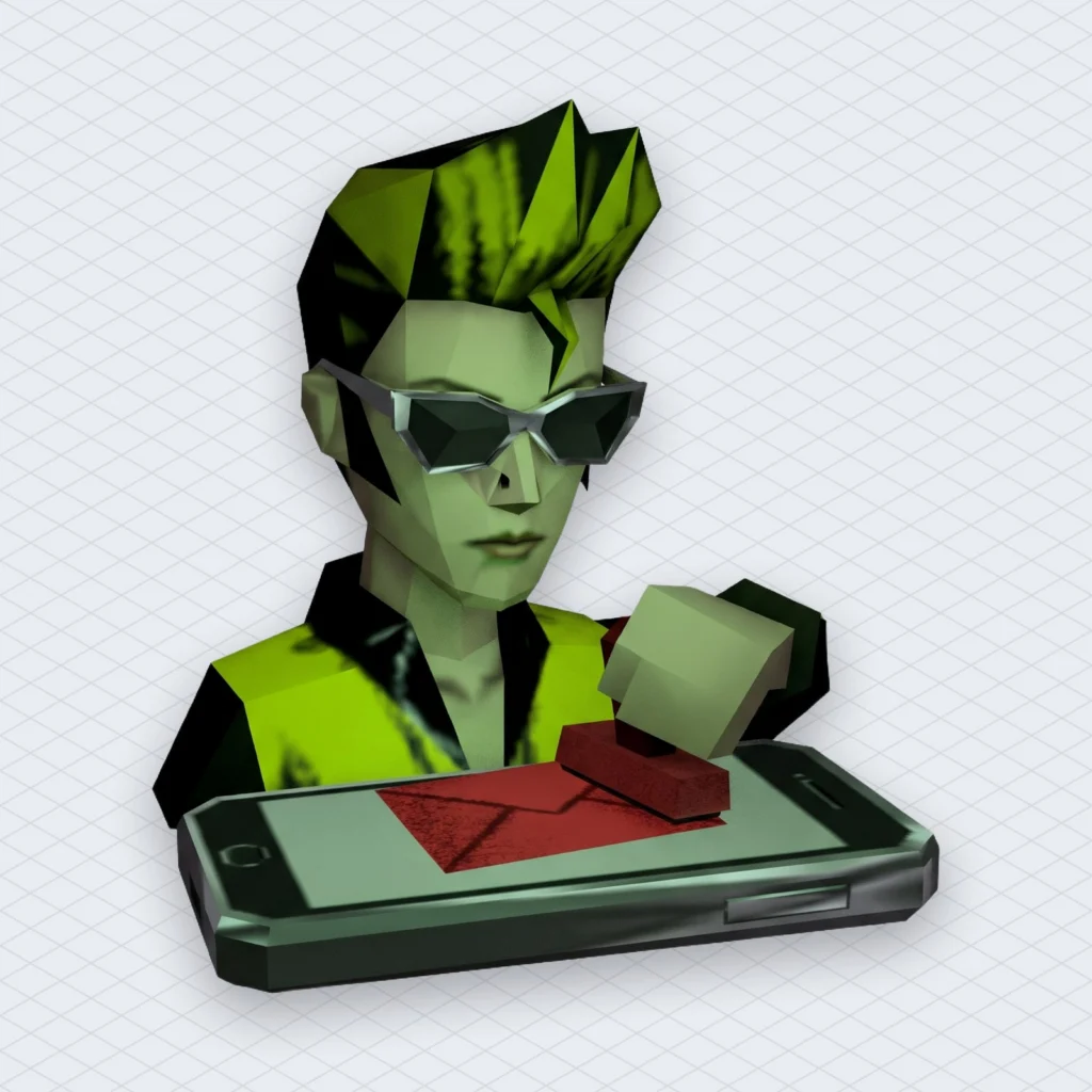 Anthropic Elvis Lawsuit Claude Accused of Learning 274 Presley Songs It Cant Sing illustration 2 – Mubert Chatbot on a phone screen wearing an Elvis quiff and sunglasses, frozen mid-pose, as a hand stamps a red'served' envelope onto the screen
