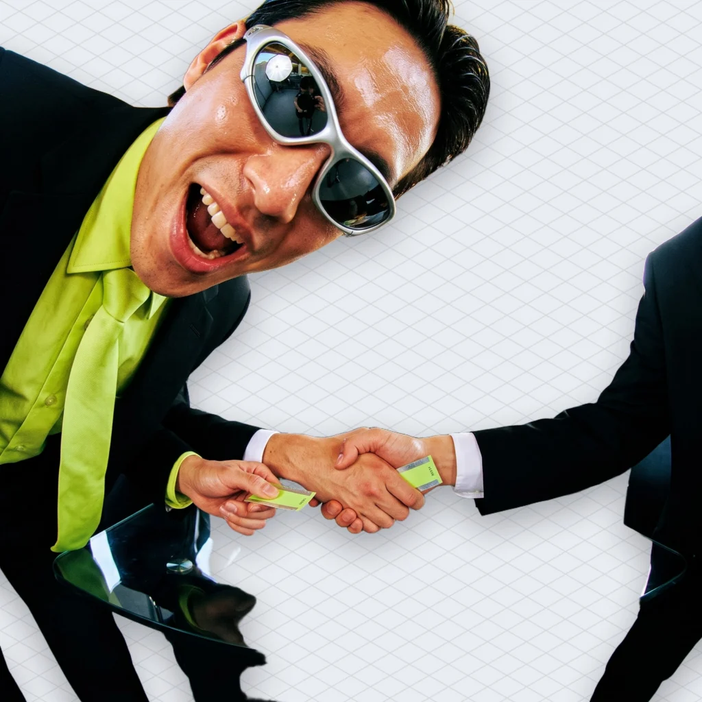 Moises SoundCloud Partnership AI Stem Separation Mixing and Mastering for SoundCloud Tracks Then Straight Back Up illustration 2 – Mubert Two business people shaking hands over a desk while each one secretly slips the other a ticket reading two months free, and an accountant in the background stares at a whiteboard where 80 plus 40 equals 150 is circled in red