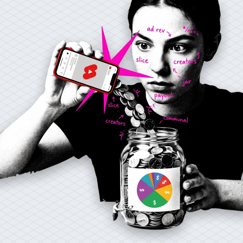 YouTube RPM by Niche and Country What 1000 Views Actually Paid in 2026 illustration 2 – Mubert Tiny YouTube Shorts phone pouring coins into a huge shared communal jar labelled with a pie chart, hundreds of creators queuing with teaspoons to take their slice