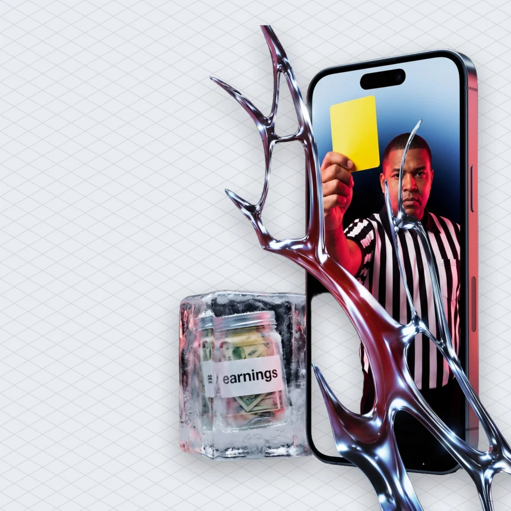 Facebook Monetization The Requirements and the Rate per 1000 Views Meta Wont Tell You illustration 2 – Mubert Reel playing on a giant phone screen with a referee holding up a yellow copyright card, while a jar labelled earnings sits frozen in a block of ice beside it
