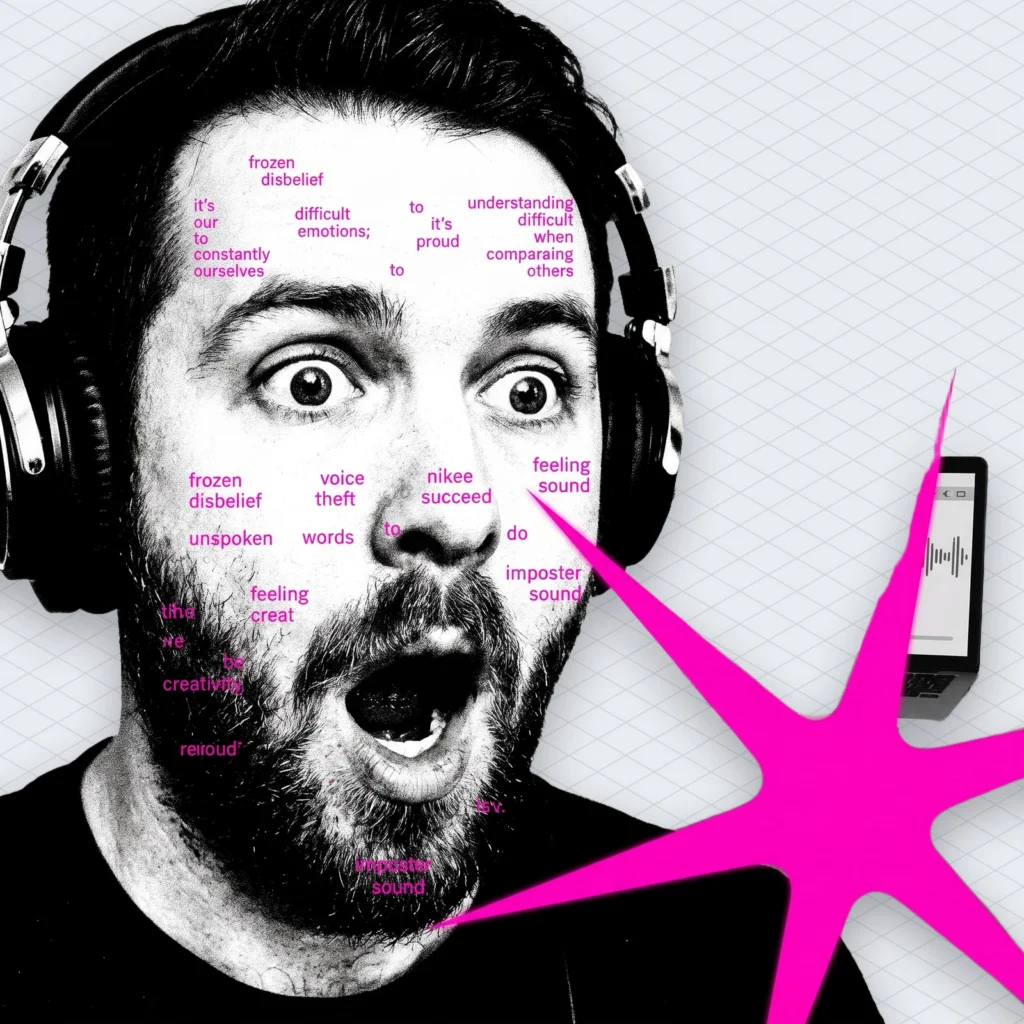 Dessa AI Explained Blocks Voice Model That Learned to Talk Without Ever Reading a Word illustration 2 – Mubert Podcaster in a home studio freezing in disbelief as his own voice comes out of a stranger's laptop across the room, saying something he never said