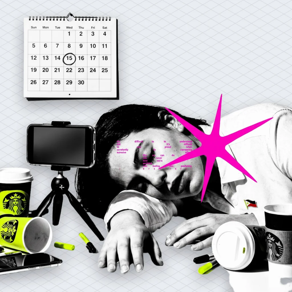 Creator asleep at a desk at midnight surrounded by empty coffee cups and a phone still filming on a tripod, with the 15th of the month circled on a calendar behind them