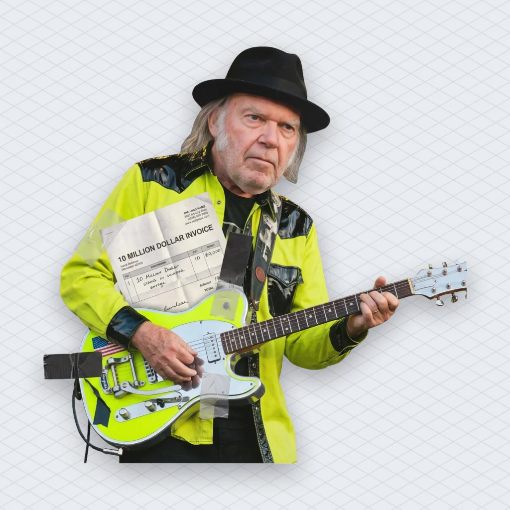 Neil Young Trump Lawsuit Million Over Rockin in the Free World the Same Song as 2020 illustration 2 – Mubert Neil Young mid-solo on his electric guitar, a giant 10 million dollar invoice taped across the guitar body