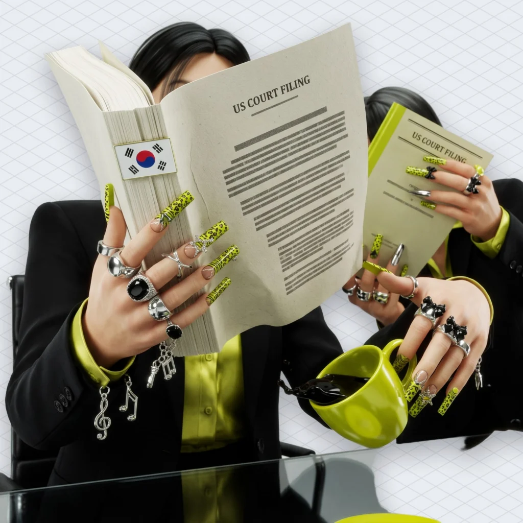 Suno BTS and Psy Songs Gangnam Style Is on the 60202-Track List Labels Say Trained Sunos AI illustration 2 – Mubert Korean music executives in an office reading a thick US court filing, one dropping a coffee cup as they find their own artist's name in it