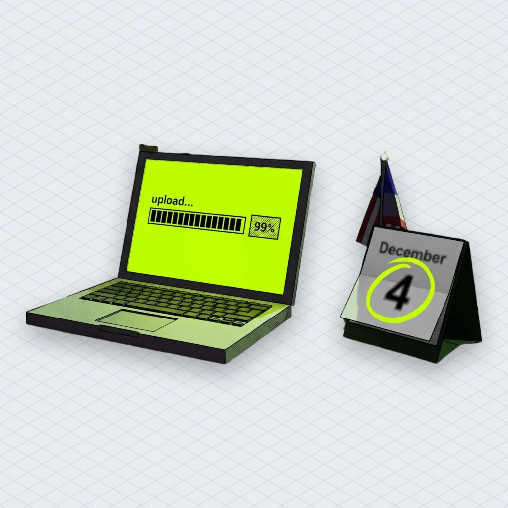 Courtroom where the defendant's table holds a laptop showing an upload progress bar stuck at 99 percent, a judge's calendar circled on December 4