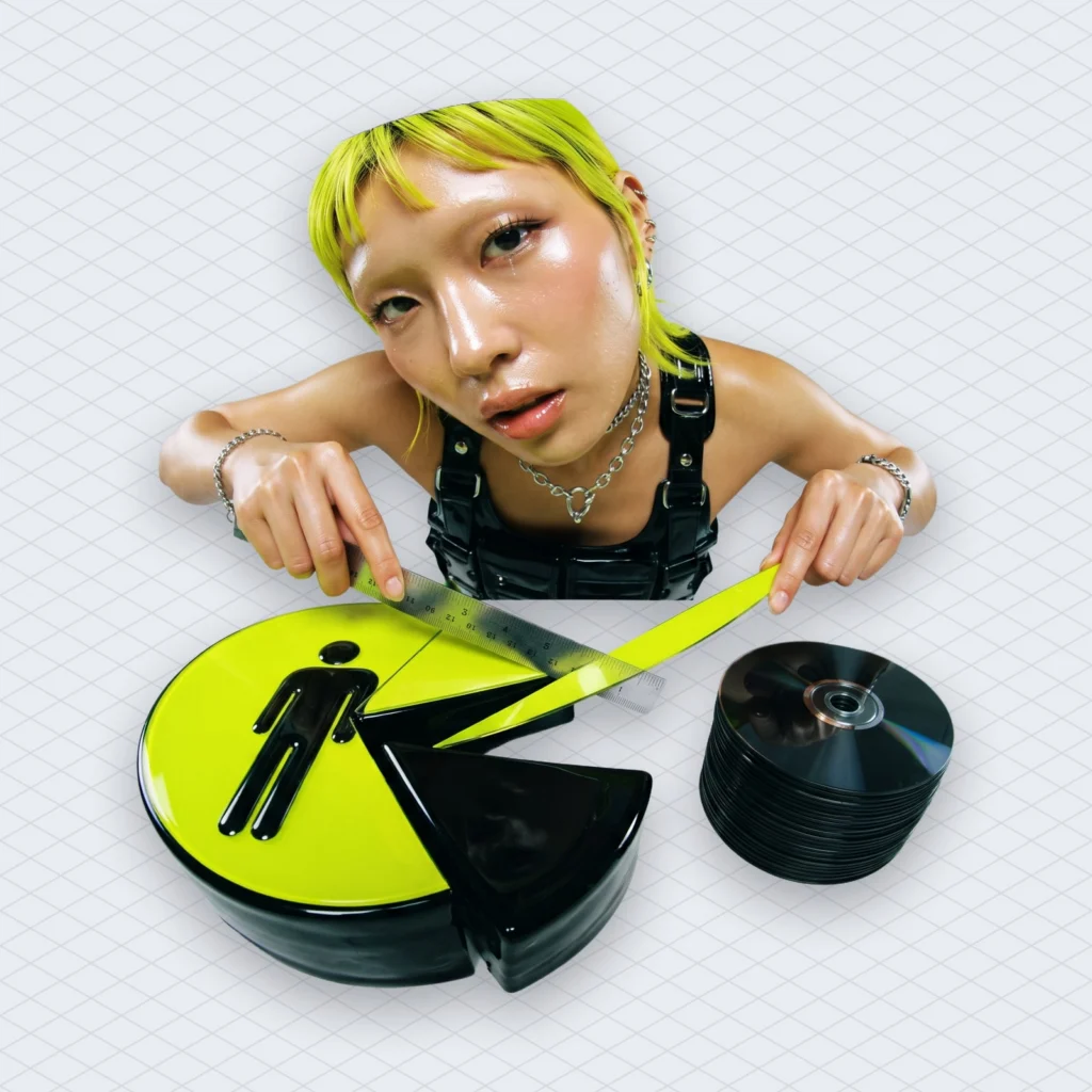 UMG Q3 Earnings €3394 Billion in Revenue and Lucian Grainge Wants AI Slop Paid Less per Stream illustration 2 – Mubert Streaming royalty pie being sliced with a ruler, one huge slice labelled with a human silhouette and one thin sliver pushed towards a pile of identical robot-made CDs