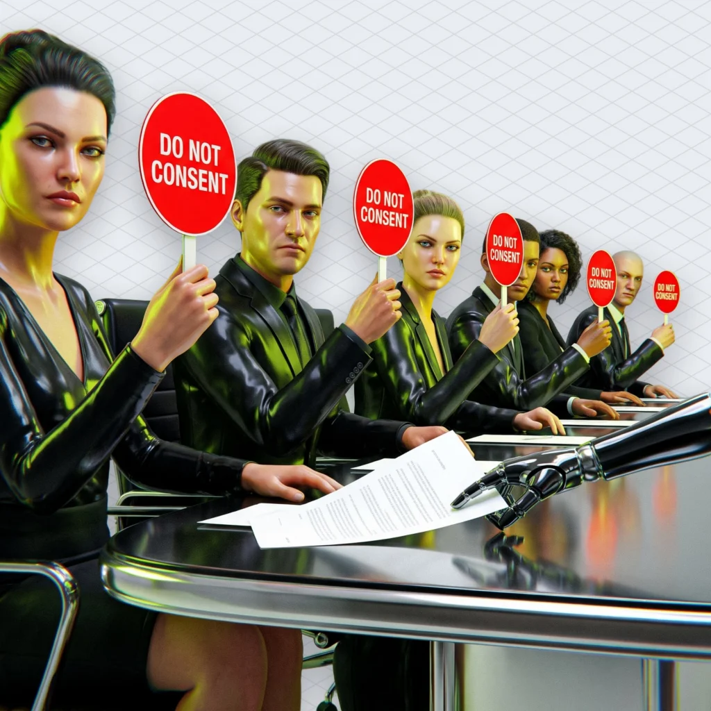 Suno MLC Subpoena The MLC Has Until November 2 to Answer Sunos Demand for Eight Platforms Streaming Data illustration 2 – Mubert Row of streaming service executives at a conference table all holding up red do not consent signs at once, while one AI robot slides a subpoena across the table