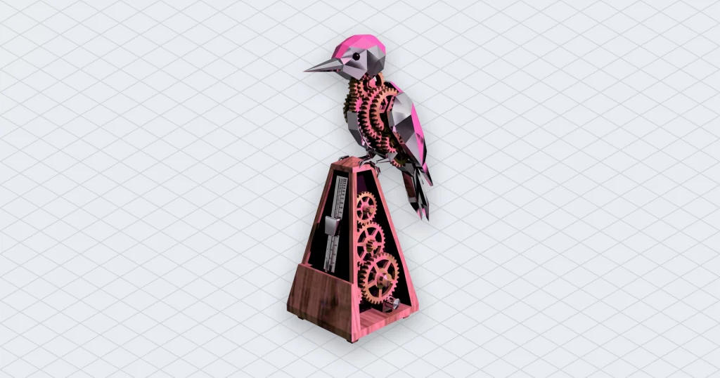 The Music API Decision Tree Nobody Draws Until the Loop Clicks illustration 2 – Mubert Woodpecker made of brass gears perched on a wooden metronome