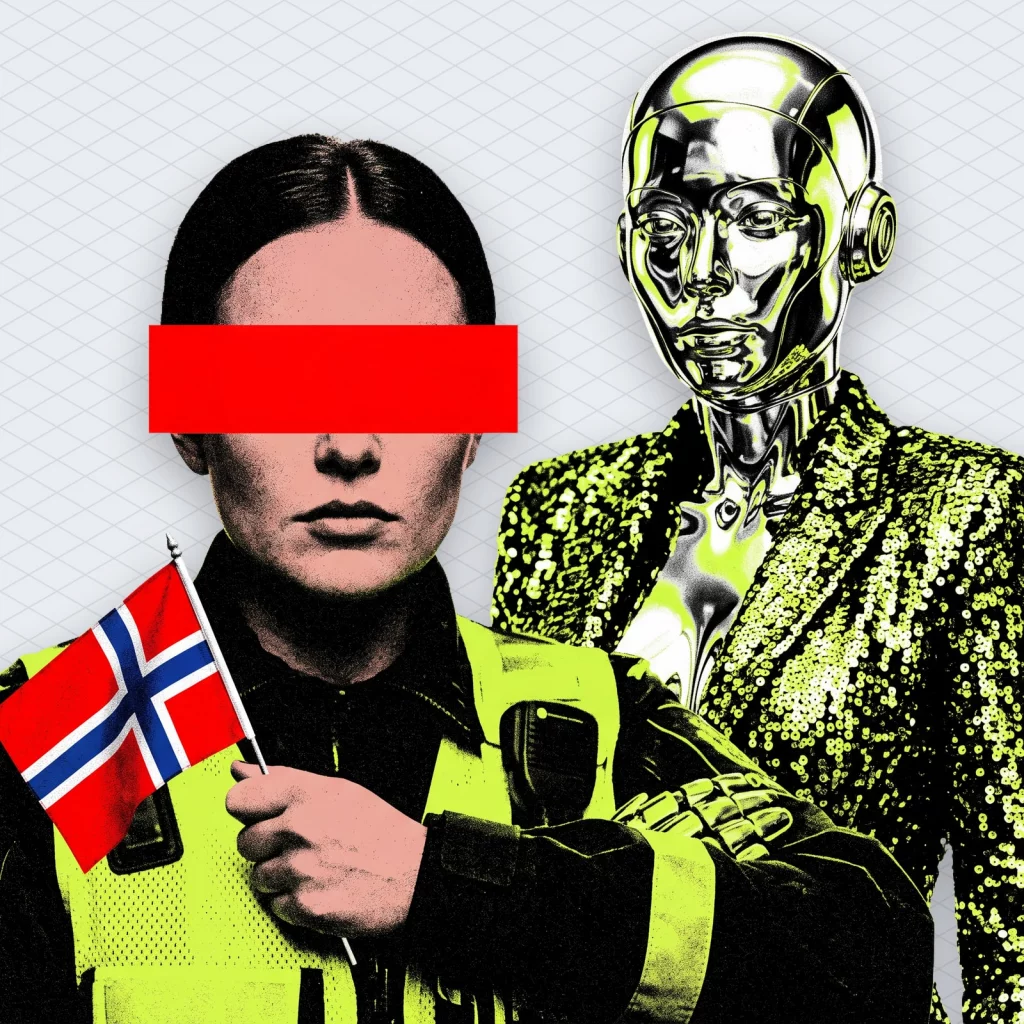 Eurovision AI Songs Sweden Has No Rule Norway Has a Ban and Got 30-50 Anyway illustration 2 – Mubert Stage-door guard holding a Norwegian flag and blocking a chrome robot singer in a sequined jacket