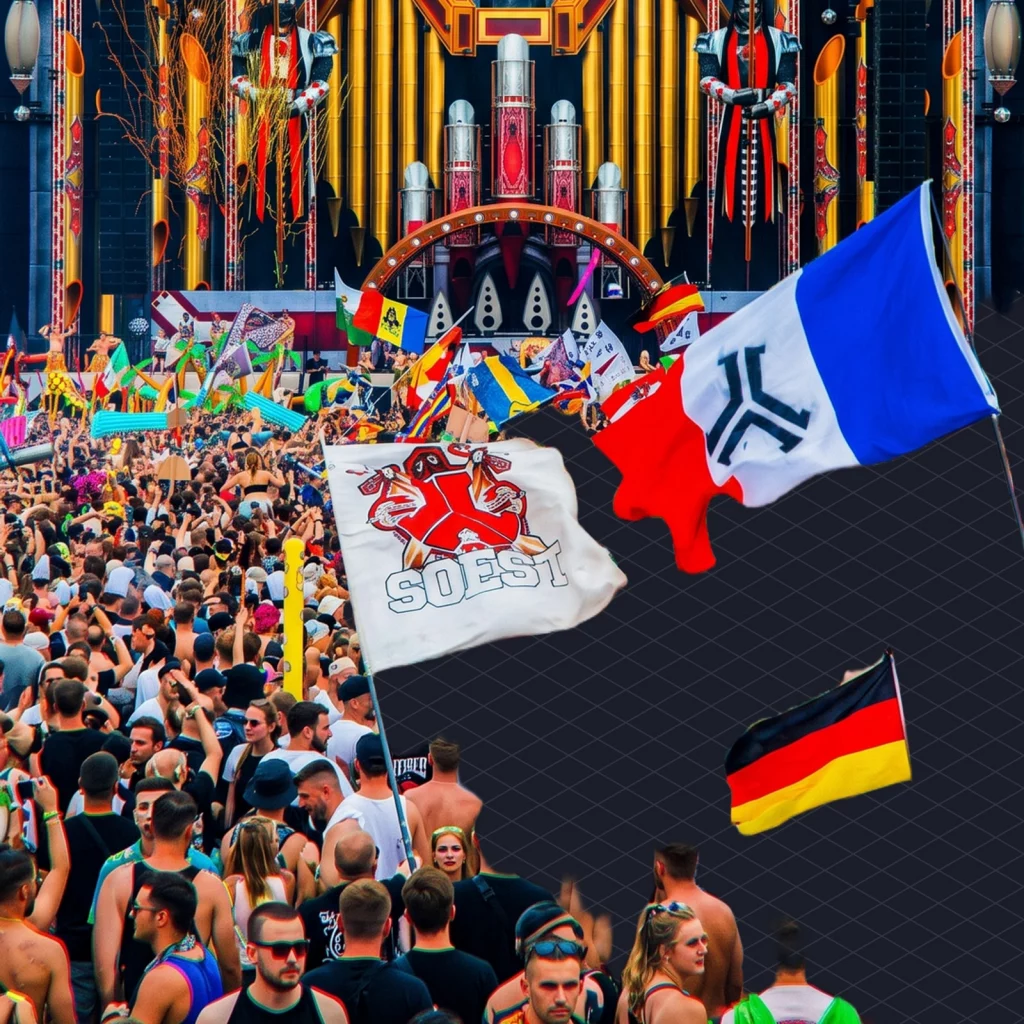 Hardstyle History A Trademarked Genre That Lost Only to the Weather illustration 3 dark – Mubert Hardstyle festival crowd waving flags in front of a giant stage