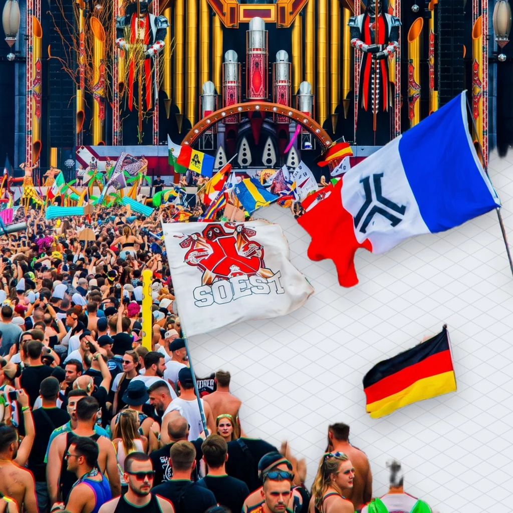 Hardstyle History A Trademarked Genre That Lost Only to the Weather illustration 3 – Mubert Hardstyle festival crowd waving flags in front of a giant stage