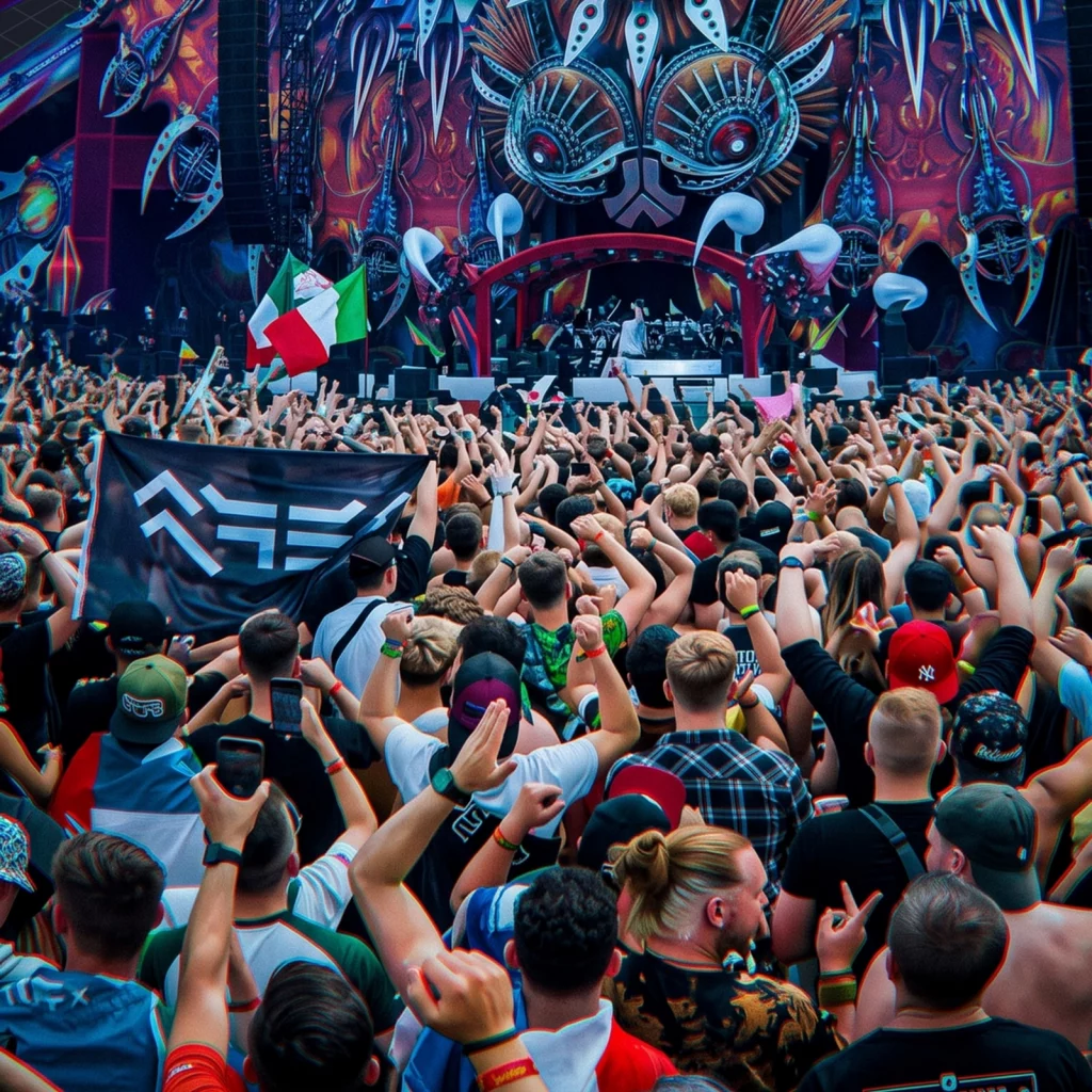 Hardstyle History A Trademarked Genre That Lost Only to the Weather illustration 5 dark – Mubert Packed festival crowd with raised hands in front of the main stage