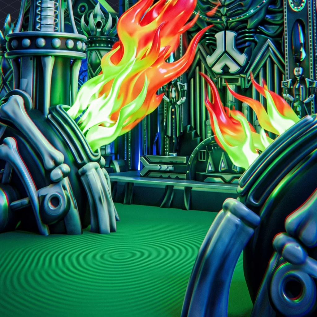 Hardstyle History A Trademarked Genre That Lost Only to the Weather illustration 7 dark – Mubert Stage of bone-like sculptures shooting flames