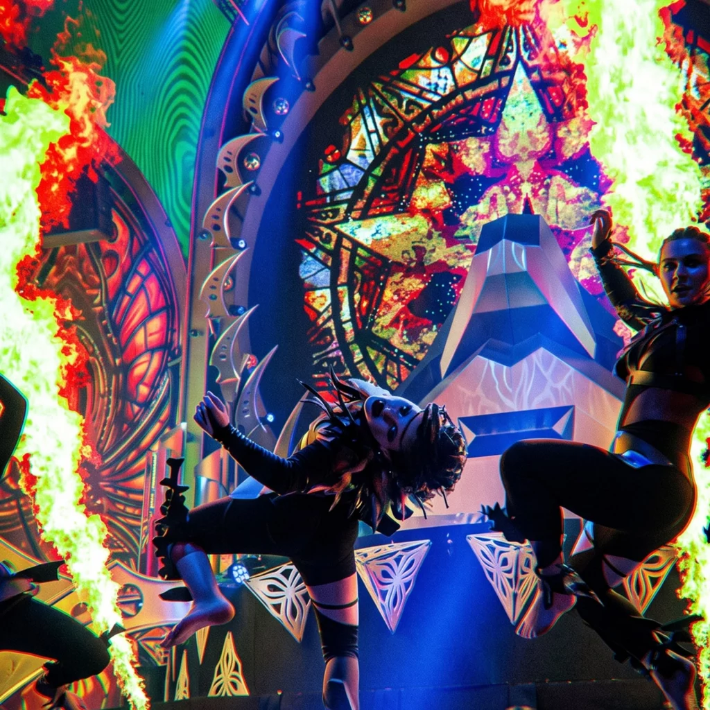 Hardstyle History A Trademarked Genre That Lost Only to the Weather illustration 8 – Mubert Dancers leaping in front of a fire-lit indoor stage