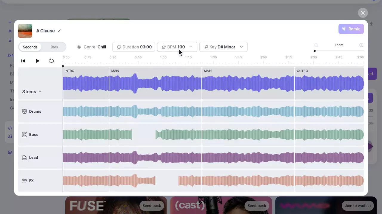 Mubert’s official Track Editor tutorial poster shows musical sections, instrument layers and track settings.