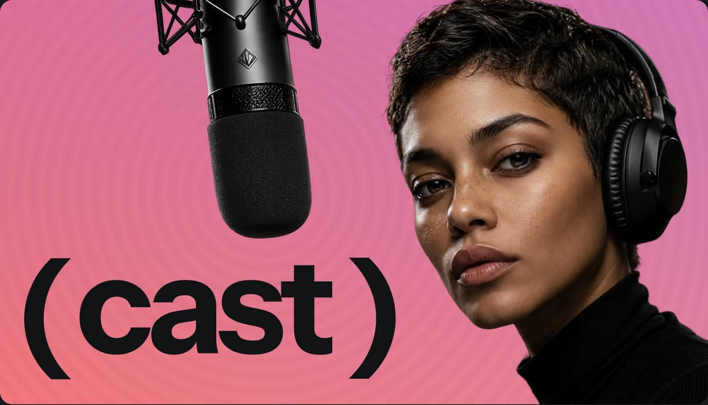 A podcaster in headphones next to a studio microphone, with the (cast) wordmark