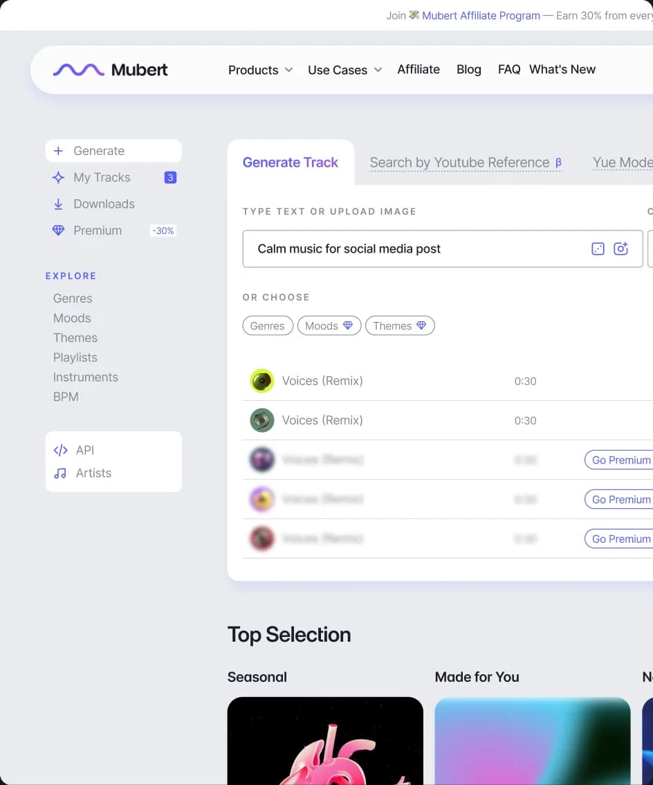 Screenshot of the Mubert Render web app