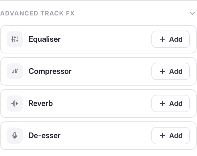 The Advanced disclosure opened in the lane inspector, listing the four manual effects that can be added to a lane: equaliser, compressor, reverb and de-esser.