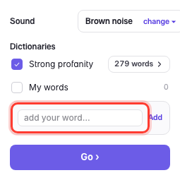 The Censor setup: the Strong-profanity dictionary of 279 words (struck-through words are the ones kept unflagged), with a highlighted My words box for adding your own terms.