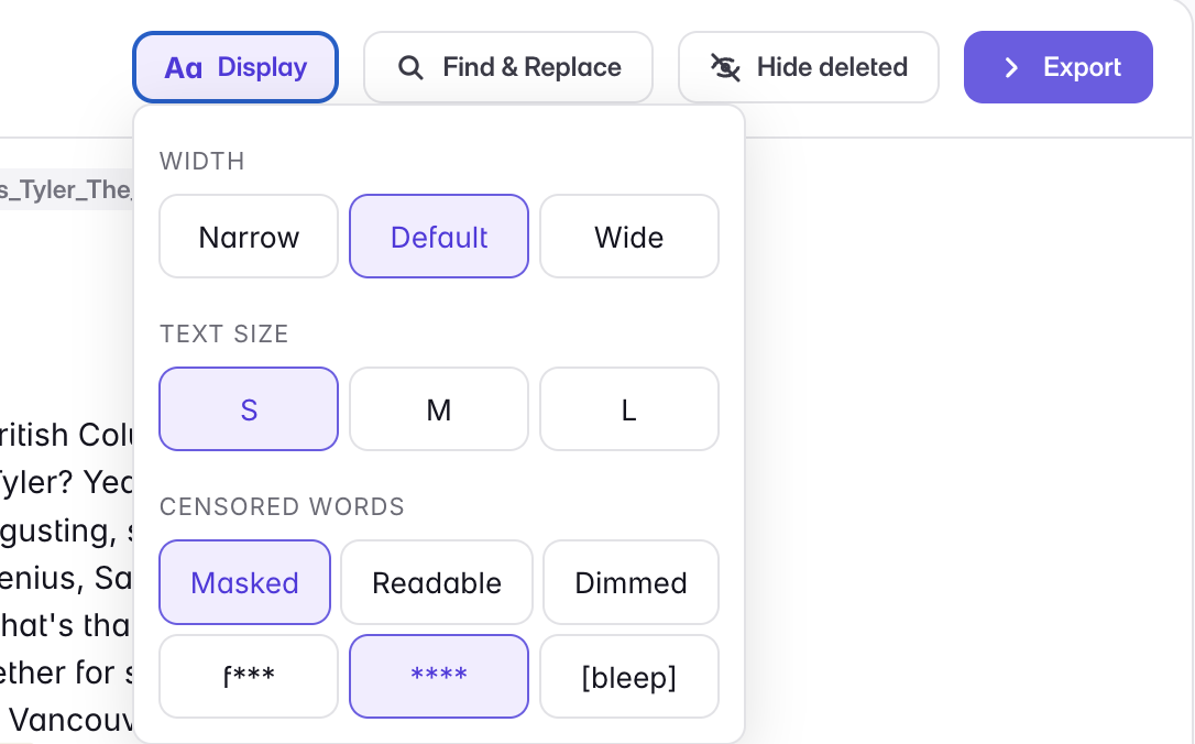 The transcript’s Aa Display menu with the Censored words section: Masked, Readable, and Dimmed display modes, and the mask style choices f***, ****, and [bleep].