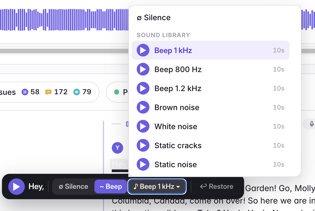 A censored word’s popover in the transcript — play, a Silence/Beep toggle, the current sound, and Restore — with the sound library open above: Silence, three beep tones (1 kHz, 800 Hz, 1.2 kHz), brown and white noise, and static cracks and noise, each with a preview button.