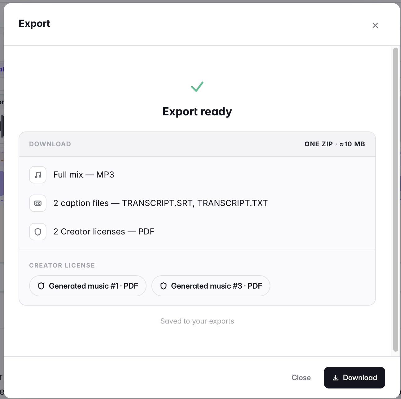 The Export-ready dialog listing the download contents: the full mix as MP3, two caption files, and two Creator licenses as PDFs — one per generated music track, bundled into the same ZIP.