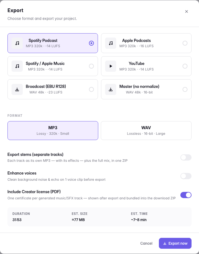 The Export dialog with the Creator licence switched on: one certificate per generated music or SFX track, shown after export and bundled into the download ZIP.