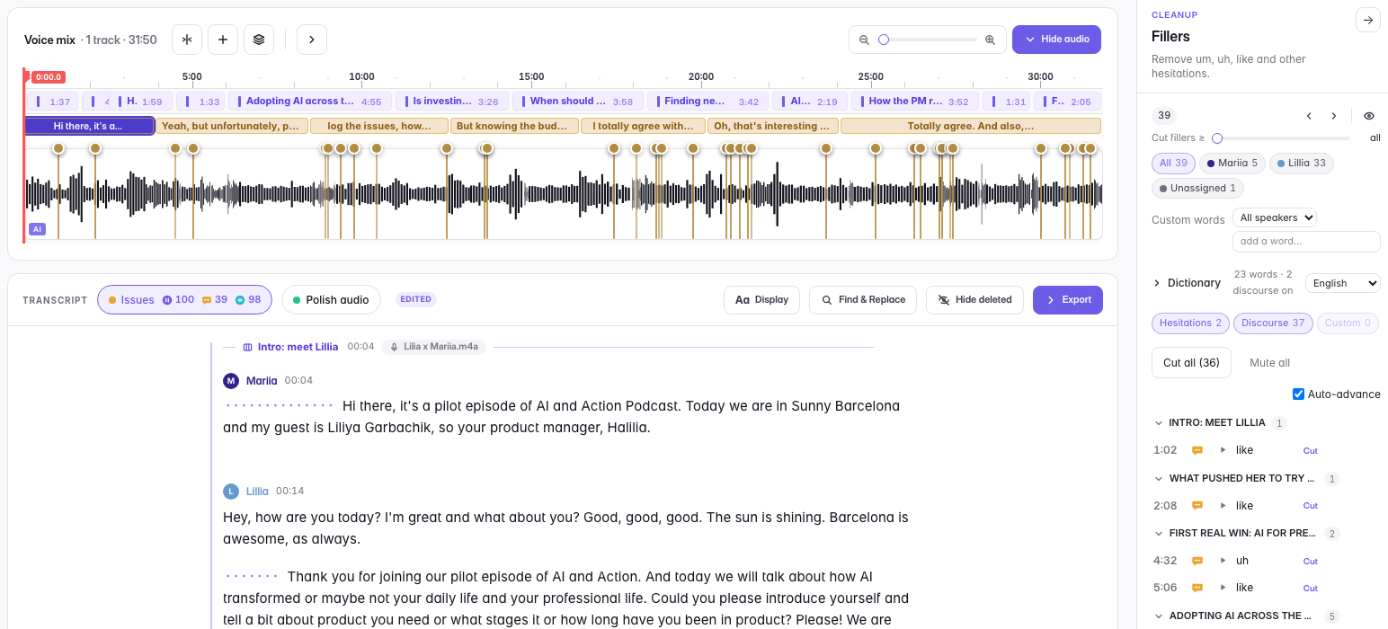 The Fillers panel beside the transcript: 36 hits found, split into Hesitations and Discourse and counted per speaker, each listed with its timecode and a Cut button, plus Cut all for the lot.