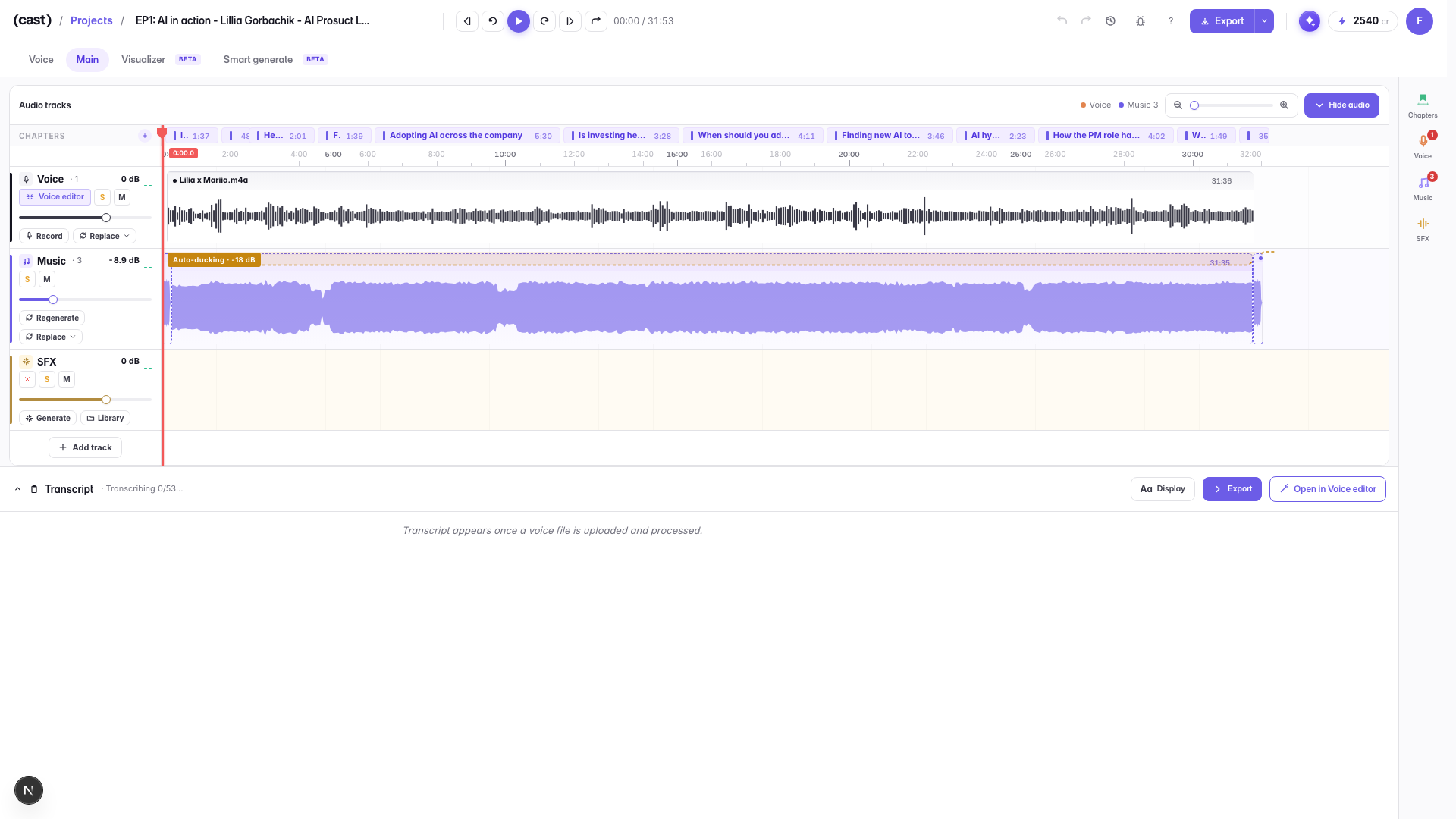 The Main Editor: a lane-based timeline with the voice on one lane, music and sound effects on others, chapters along the top and the playhead running through them.