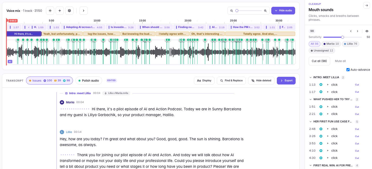 The Mouth sounds panel beside the transcript: 98 clicks, smacks and breaths found, each listed with its timecode and a Cut button, and a real Sensitivity slider — turn it up to catch more, down to keep the breaths you want.
