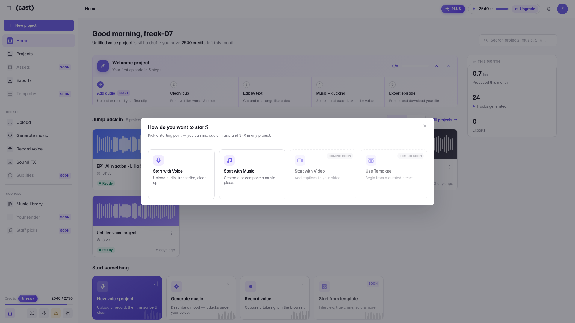 The New project dialog asking "How do you want to start?" with cards for Start with Voice (upload, transcribe, clean up) and Start with Music (generate or compose), plus Video and Template marked coming soon.
