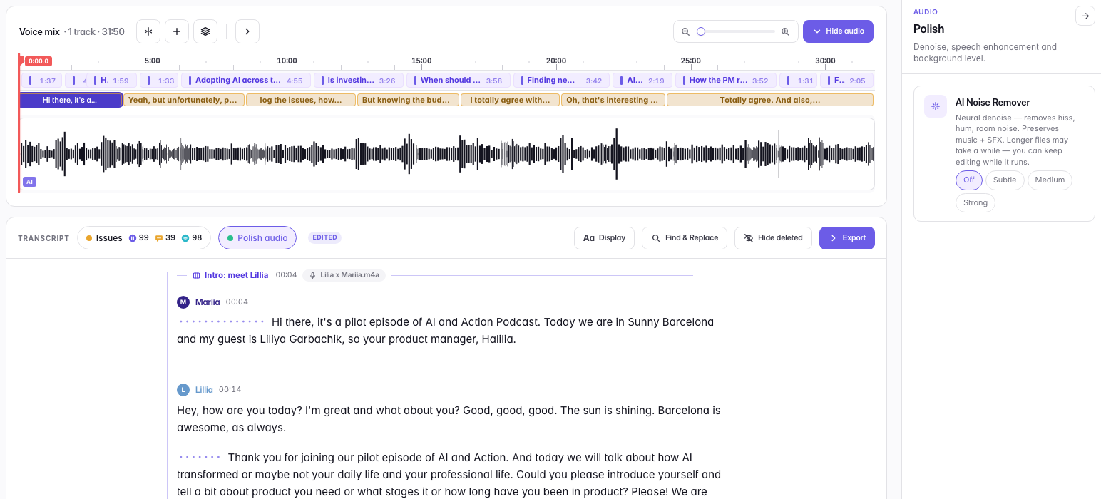 The Polish panel beside the transcript: AI Noise Remover, described as a neural denoise that removes hiss, hum and room noise while preserving music and SFX, with four settings — Off, Subtle, Medium, Strong.