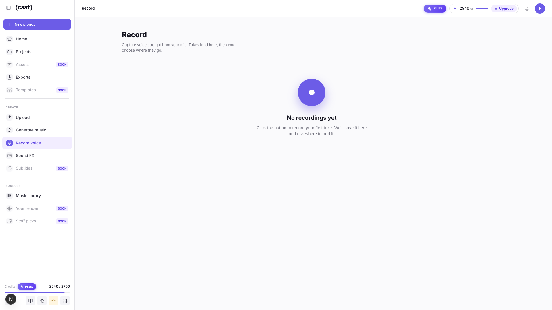 The Record page: one button captures a take straight from your microphone, and the takes land here so you can choose which project they go to.