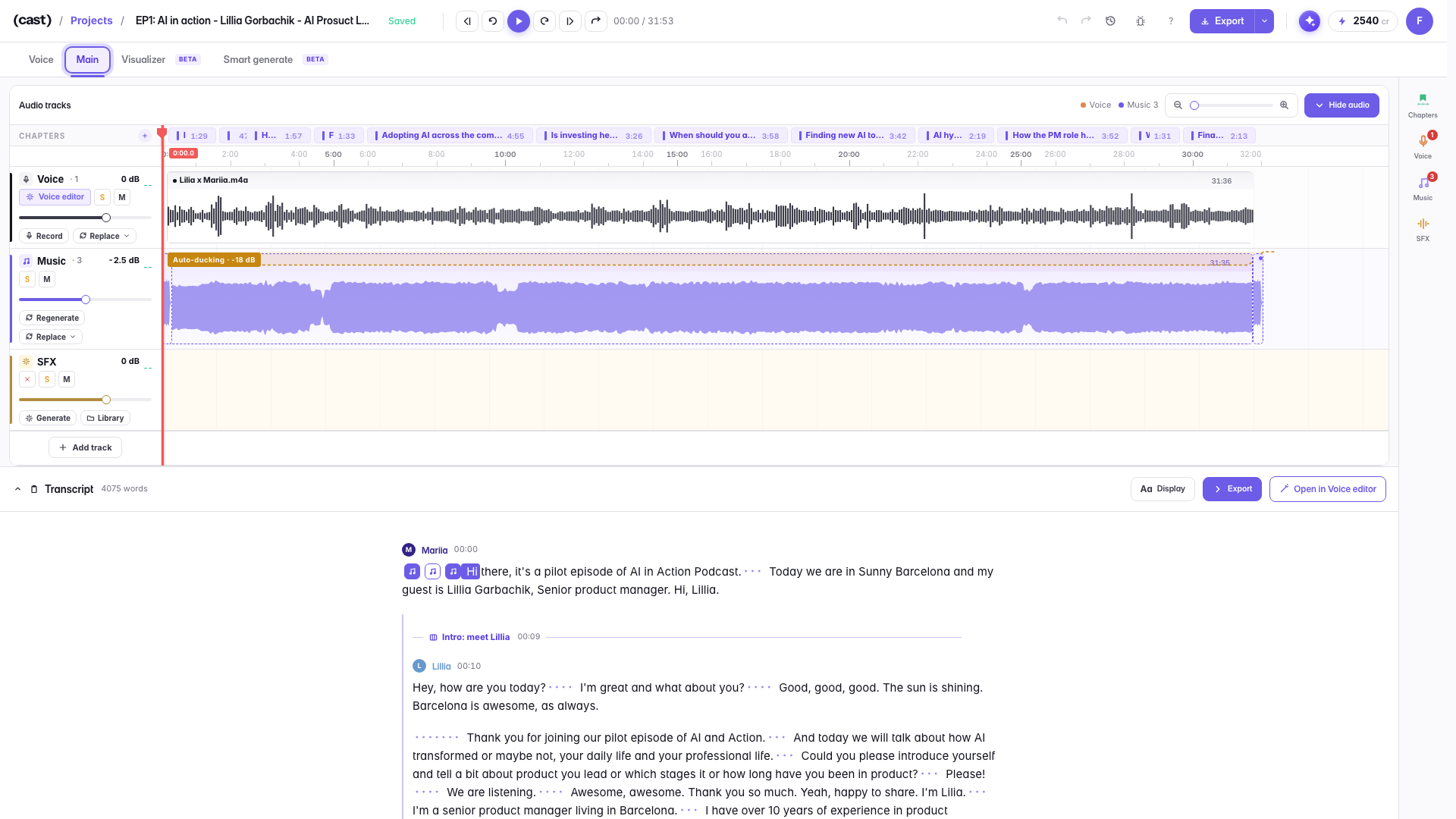 The same project on the Main tab (underlined, top left): a lane-based timeline — the voice waveform on one lane, music with an auto-ducking badge on another, SFX below. This editor is about how the episode sounds.