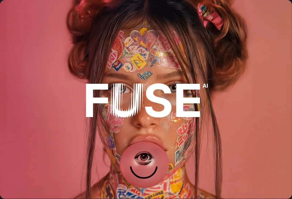 The Fuse key visual: a stylized portrait with the FUSE wordmark — Mubert's editor for short-form video.