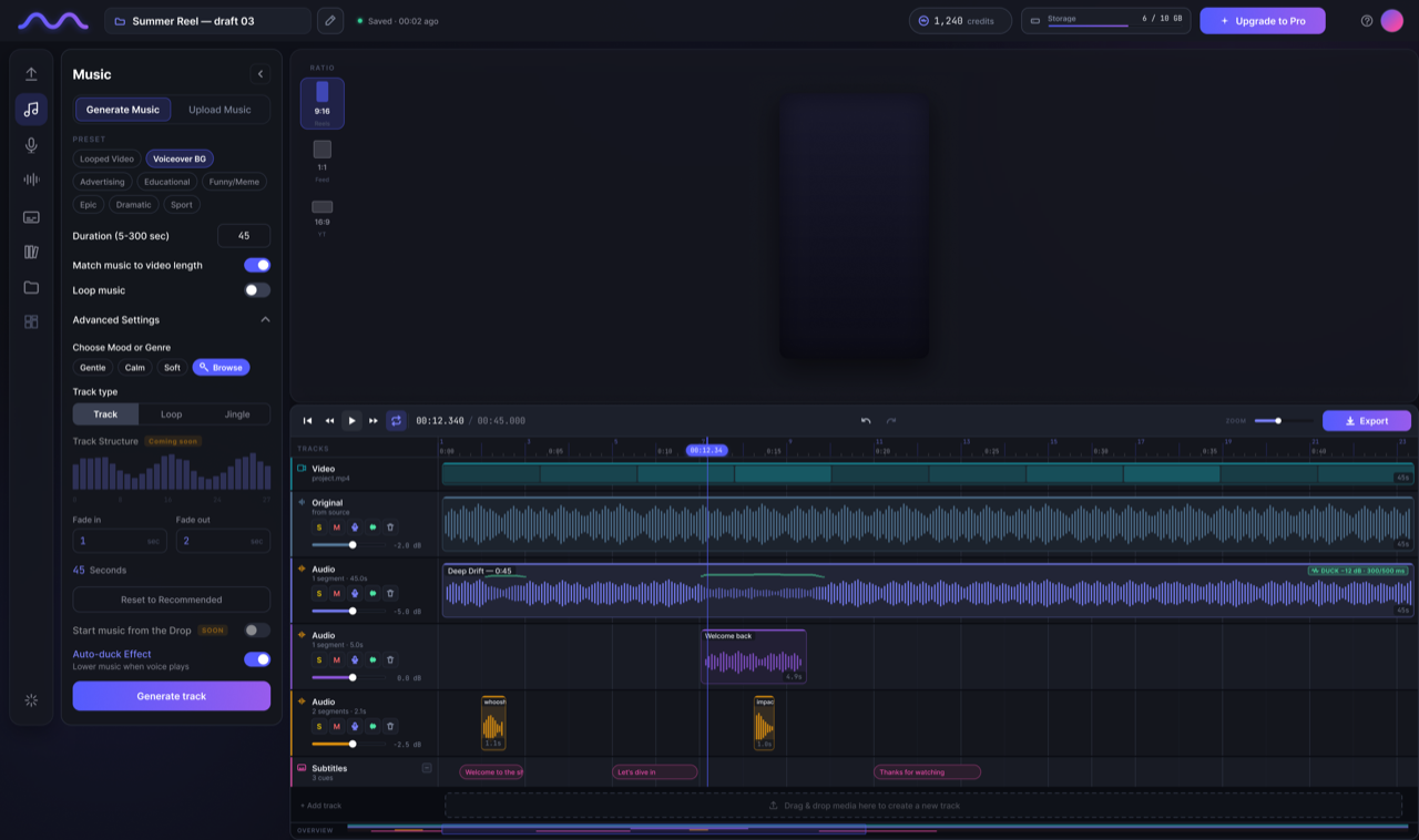 Fuse browser editor with multi-lane timeline showing music, voiceover, and subtitle tracks for a short-form video